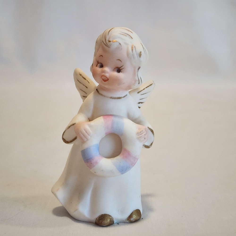 Vintage Norcrest Angel Figurine Gold Gilt Matte Bisque Cherub Pastel Ring 3.5"